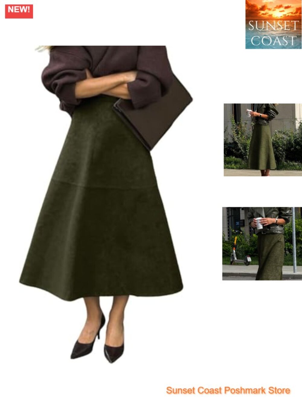 Faux Suede Leather Flared A-Line Maxi Skirt High Waist Pull On